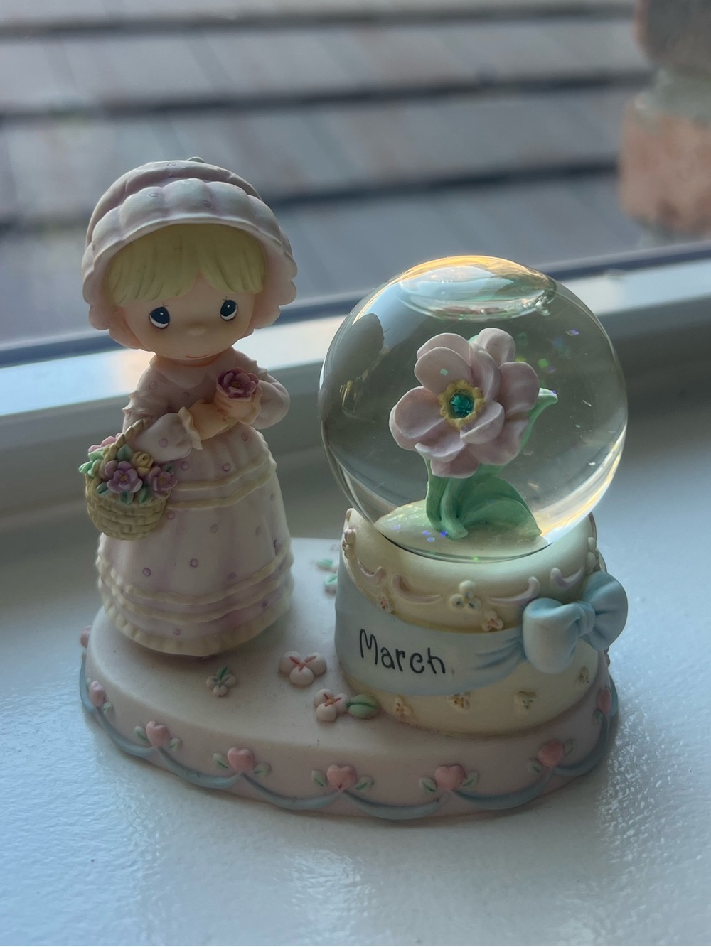 Vintage Precious Moments March Figurine Snow Globe in Pastel Pink and Cream
